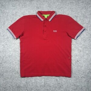Hugo Boss Polo Shirt Men's Size Small Red Green Label Big Logo‎ Spell Out Tipped